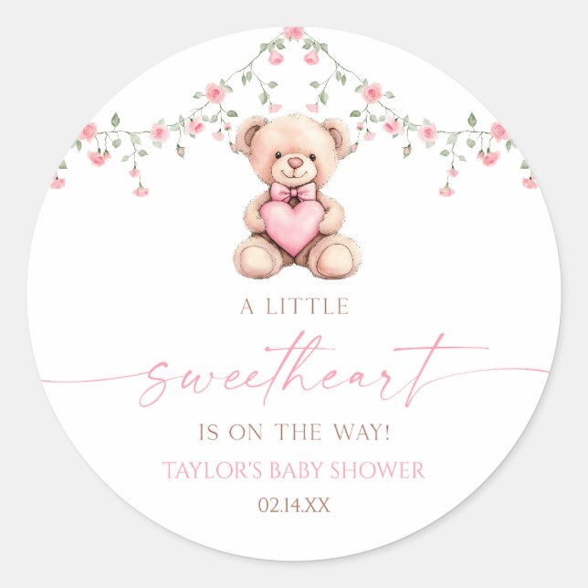 A Little Sweetheart Pink Teddy Bear Baby Shower Classic Round Sticker (Front)