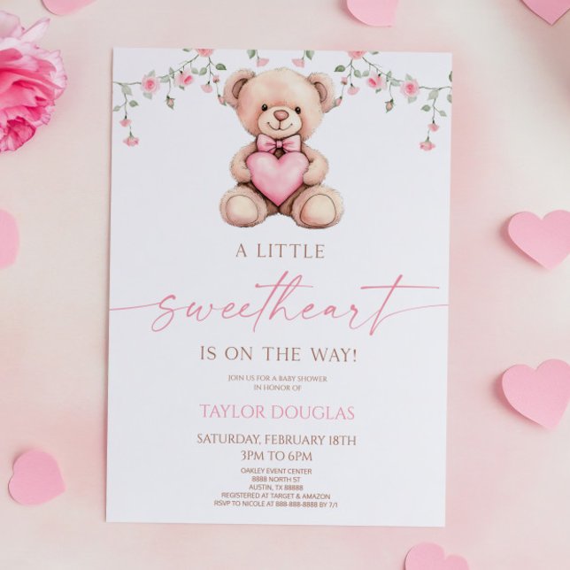 A Little Sweetheart Pink Teddy Bear Baby Shower Invitation (Creator Uploaded)