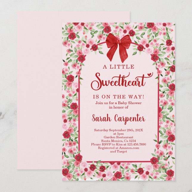 A Little Sweetheart Red Bow Baby Shower Girl Invitation (Front/Back)