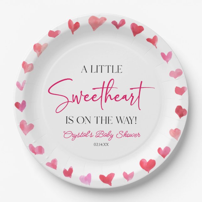 A Little Sweetheart Red Pink Hearts Baby Shower Paper Plate (Front)