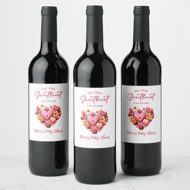 A Little Sweetheart Red Sweet Heart Baby Shower  Wine Label (Bottles)