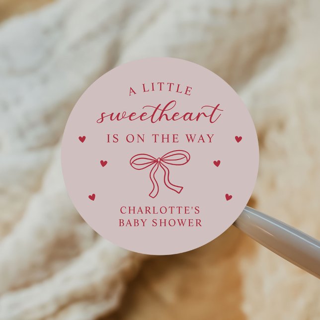 A Little Sweetheart Valentine Bow Baby Shower Classic Round Sticker (Creator Uploaded)