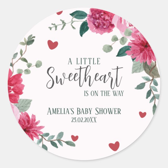 A little sweetheart valentine hearts baby shower  classic round sticker (Front)