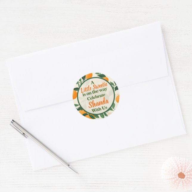 A Little Sweetie Orange Theme Baby Shower Classic Round Sticker (Envelope)