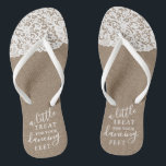A Little Treat For Your Dancing Feet Burlap & Lace Jandals<br><div class="desc">Celebrate in style with these trendy wedding flip flops. This design is easy to personalise with your own wording and your guests will be thrilled when they receive these fabulous party favours.</div>