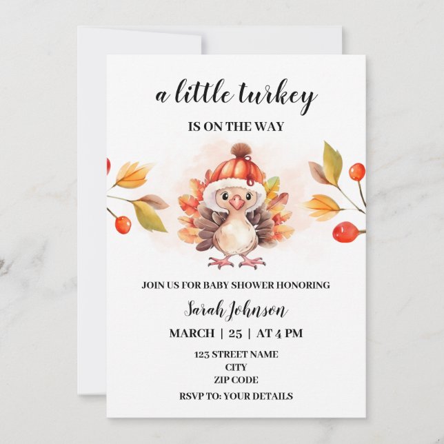 A Little Turkey fall baby shower invitation (Front)