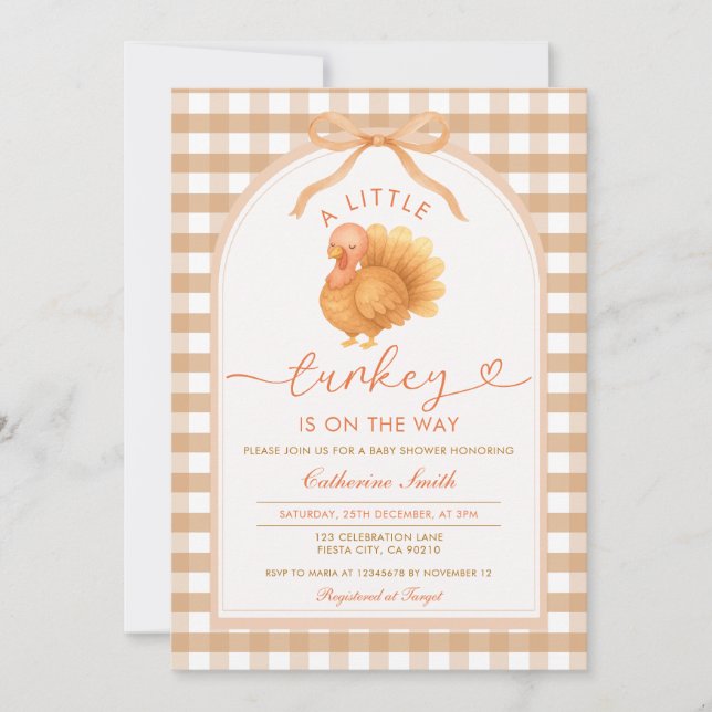 A little Turkey is on the way Baby Shower Gingham Invitation (Front)