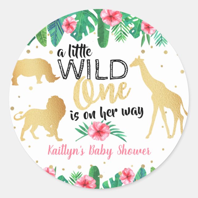 A Little Wild One Is On Her Way Girls Baby Shower Classic Round Sticker (Front)