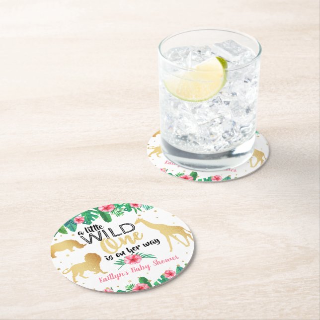 A Little Wild One Is On Her Way Girls Baby Shower Round Paper Coaster (Insitu)