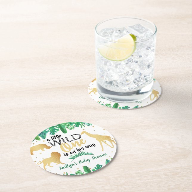 A Little Wild One Is On His Way Boys Baby Shower Round Paper Coaster (Insitu)