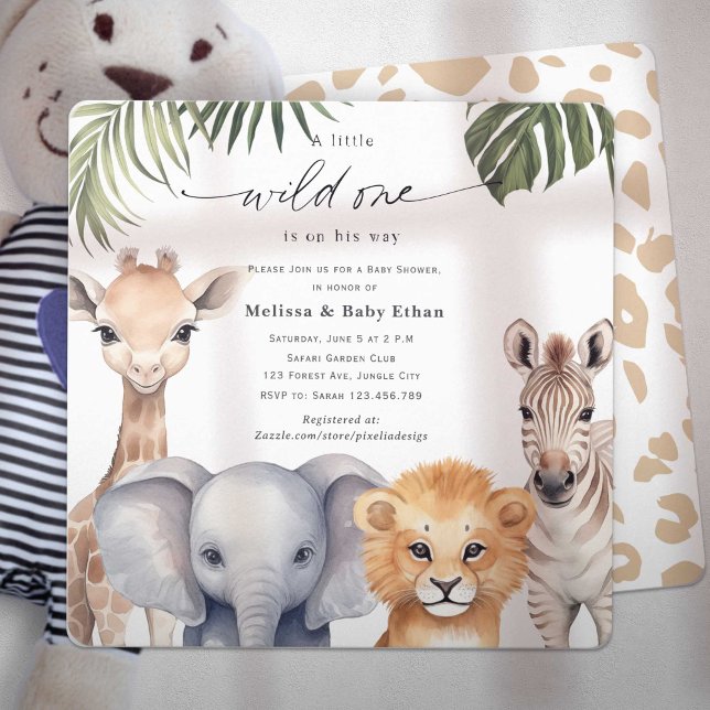 A little Wild One is on His way Safari Baby Shower Invitation (Wild One Safari Baby Animals, Baby BoyShower. A wild One is on Her way, A Cute Baby Shower invite.)