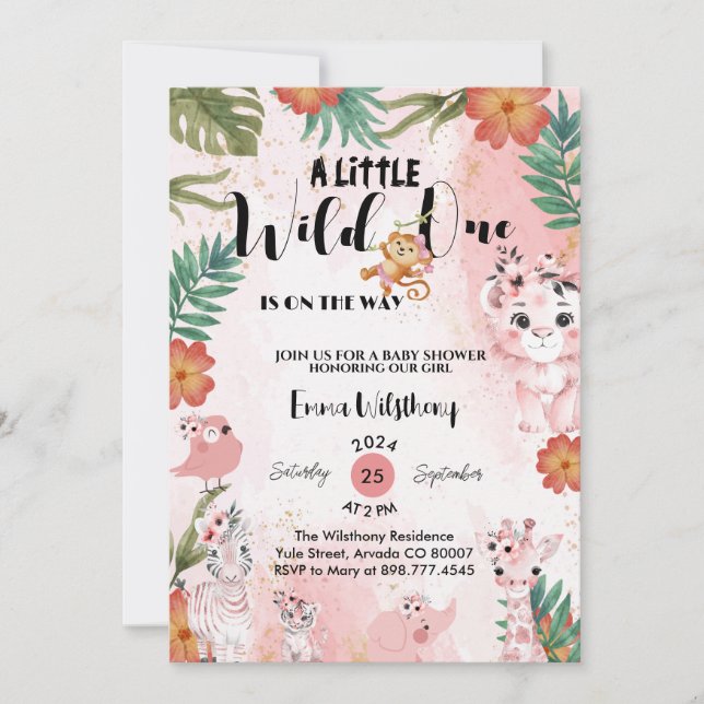a little wild one safari girl pink baby shower  invitation (Front)