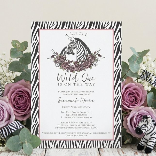 A Little Wild One Soft Gothic Zebra Baby Shower Invitation (Cute Safari A Little Wild One Is On the Way Soft Gothic Zebra Baby Shower Invitations for Mom to Be)