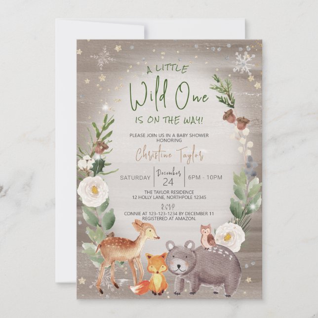 A Little Wild One, Winter Animals Baby Shower Invitation (Front)