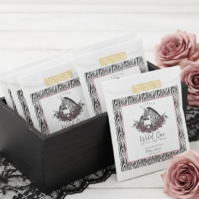 A Little Wild One Zebra Print Kids Favour Bags (Cute Jungle Animals Baby Shower Favor Bags with Baby Zebra, Mama Zebra, Zebra Print and Pink Border)