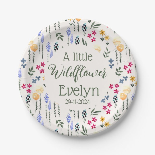 a little wildflower abstract watercolor baby girl  paper plate (Front)