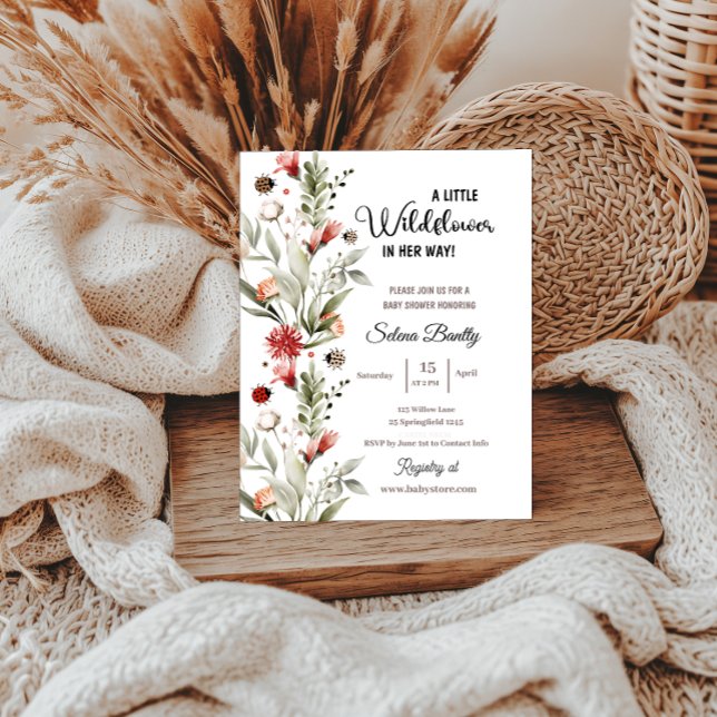 A Little Wildflower Baby Girl Shower Ladybug Invitation (baby shower invitations a little wildflower watercolor floral for her boho)