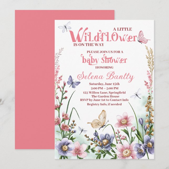 A Little Wildflower Baby Girl Shower Watercolor Invitation (Front/Back)