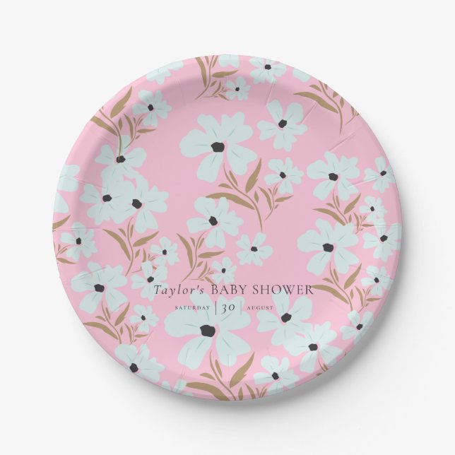 A Little Wildflower Boho Pink Girl Baby Shower Paper Plate (Front)