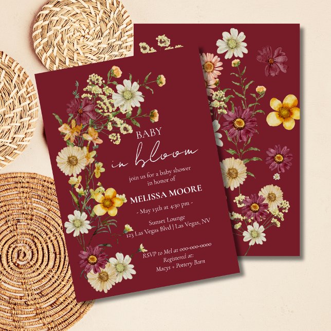 A Little Wildflower Burgundy Baby Shower Invitation (Creator Uploaded)