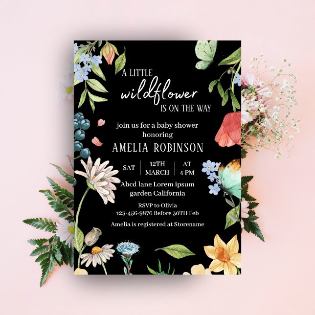 A Little Wildflower Girl Baby Shower Black Invitation (Creator Uploaded)