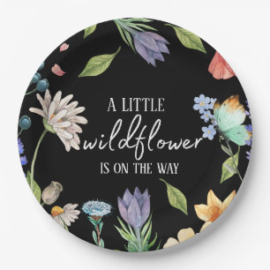 A Little Wildflower Girl Baby Shower Black Paper Plate