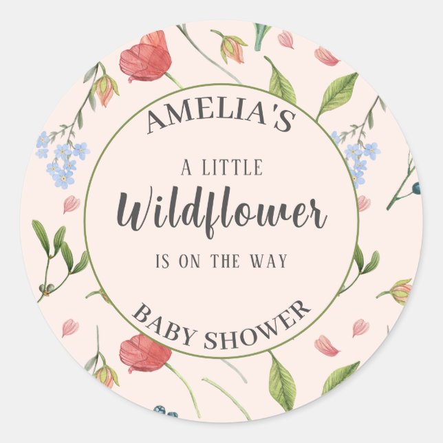 A Little Wildflower Girl Baby Shower Blue Classic Round Sticker (Front)
