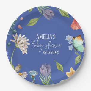 A Little Wildflower Girl Baby Shower Blue Paper Plate