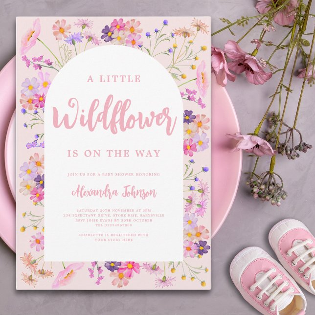A Little Wildflower Girl Baby Shower Invitation (A little wildflower is on the way girl baby shower invitation with pink typography calligraphy )