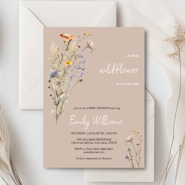 A little wildflower girl baby shower invitation (A little wildflower elegant rustic boho watercolor baby shower invitation, baby in bloom)