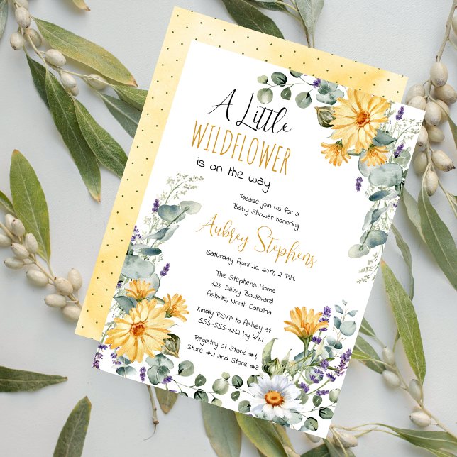 A Little Wildflower Is On The Way Girl Baby Shower Invitation (A Little Wildflower Is On The Way Daisies Eucalyptus and Lavender Floral Girl Baby Shower Invitation)