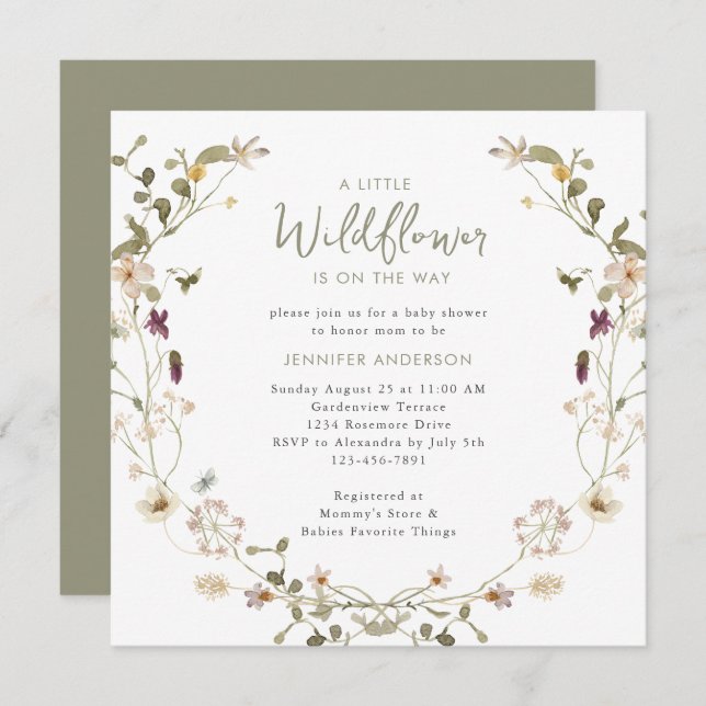 A Little Wildflower Is On The Way Sage Baby Shower Invitation (Front/Back)