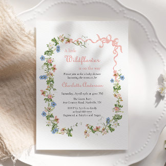 A Little Wildflower Pink Bow Baby Girl Baby Shower Invitation