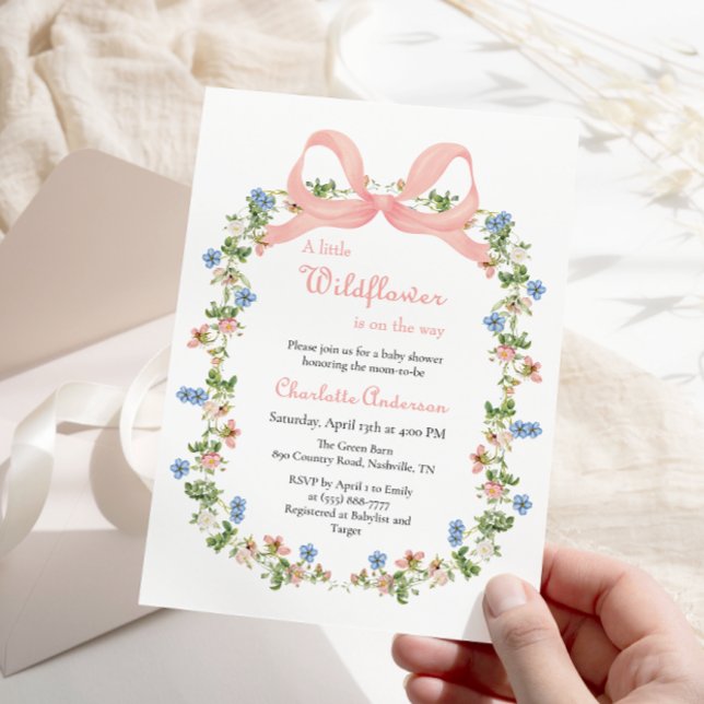 A Little Wildflower Pink Bow Baby Shower Invitation (Creator Uploaded)