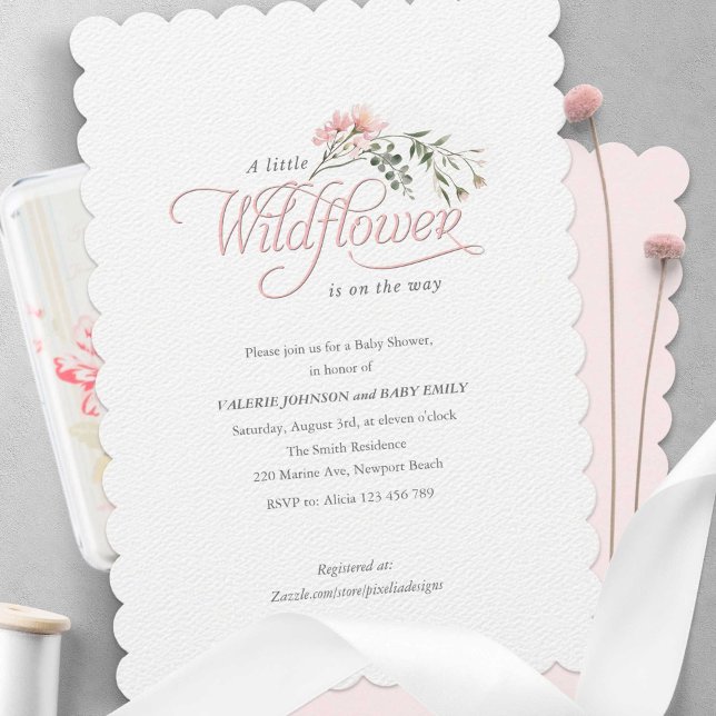 A little Wildflower Simple elegant Pink Shower Invitation (Simple elegant, pink wildflower, A little wildflower themed baby girl shower invitation.)