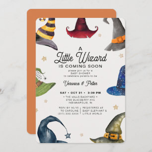 A Little Wizard Boy Orange Halloween Baby Shower Invitation