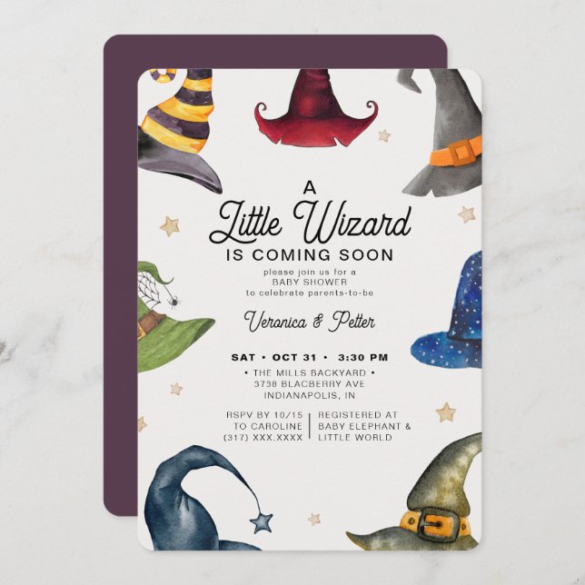 A Little Wizard Boy Purple Halloween Baby Shower Invitation (Front/Back)