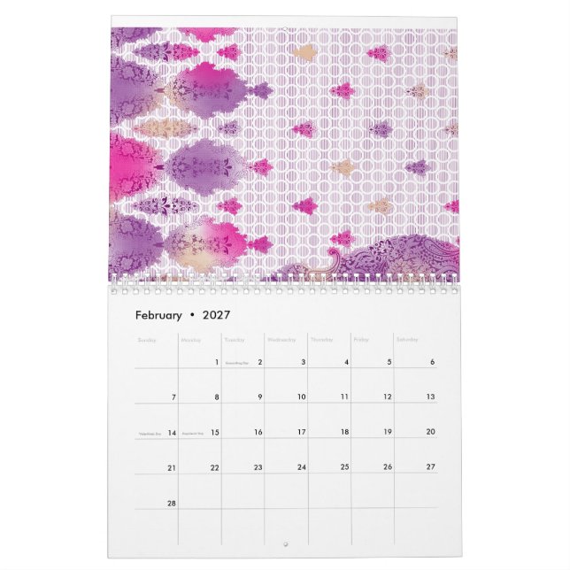 A lively design chraacterised by a mix of purple a calendar (Feb 2027)