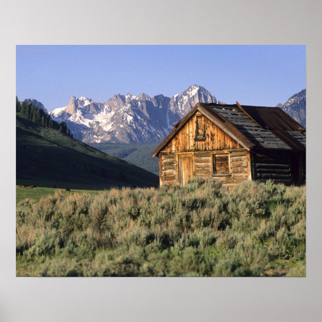A log cabin and the Sawtooth Mountains in Poster (Front)