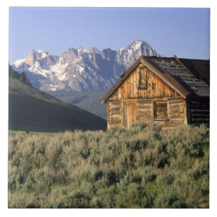 A log cabin and the Sawtooth Mountains in Tile