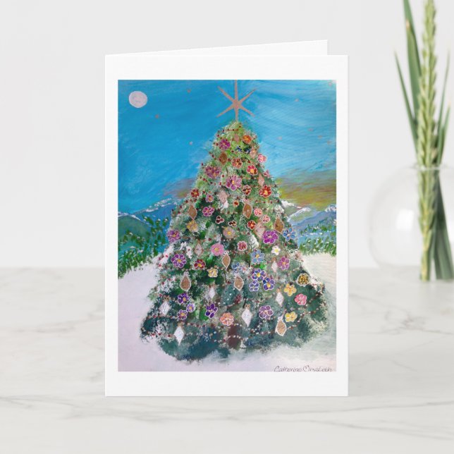 A Lone Christmas Tree Bursting with Ornaments Holiday Card (Front)