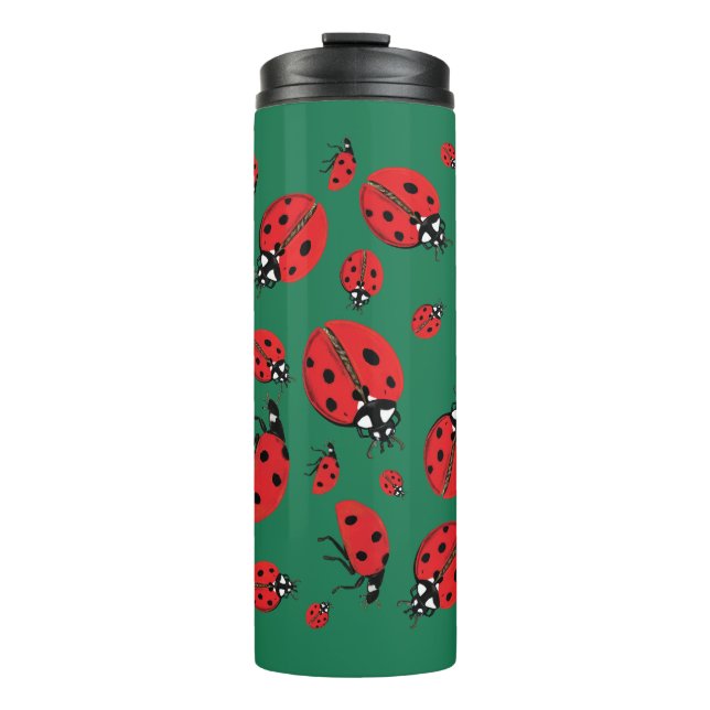 A lot of Ladybugs Lucky Pattern Green Thermal Tumbler (Front)