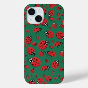 A lot of Red Ladybugs Lucky Pattern Emerald Green iPhone 15 Case