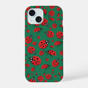 A lot of Red Ladybugs Lucky Pattern Emerald Green iPhone 15 Case
