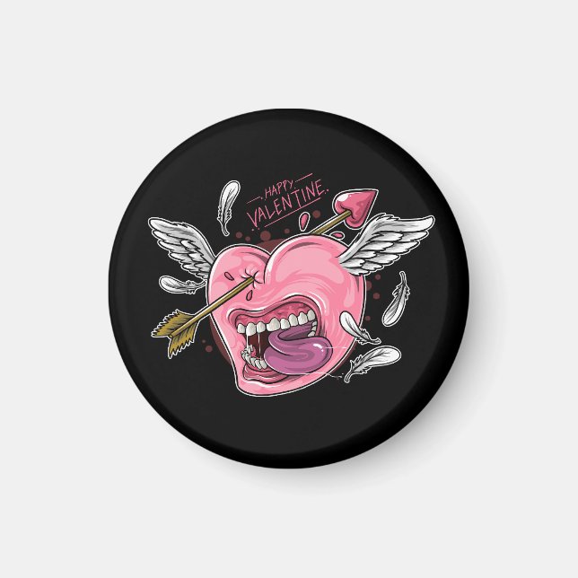 a love heart with lips and wings that are hit by l magnet (Front)