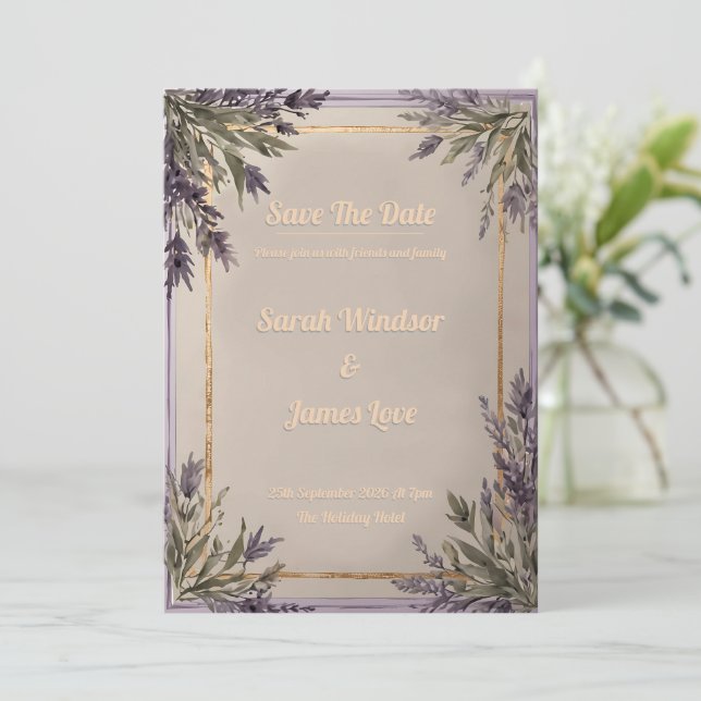 A Love in Bloom Lavender Wedding Invitation (Standing Front)