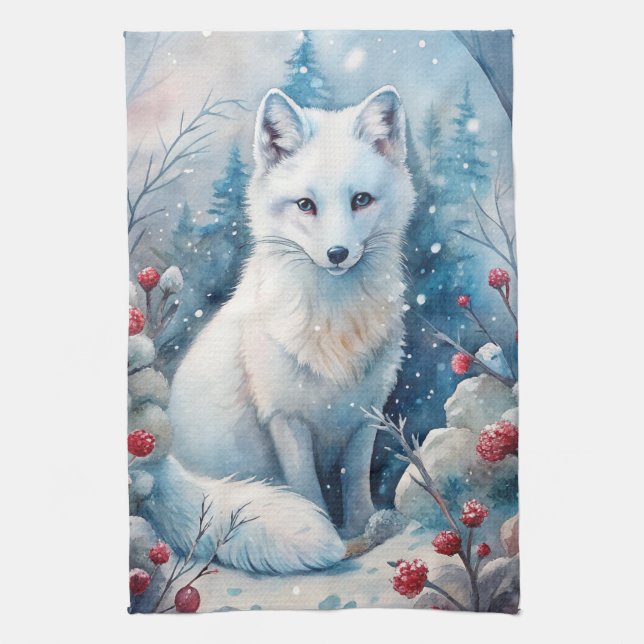 A Lovely White Fox in Winter Tea Towel (Vertical)