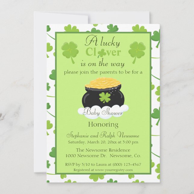 A lucky clover gender neutral baby shower invitation (Front)