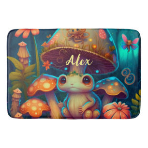 A magic mushroom frog bath mat