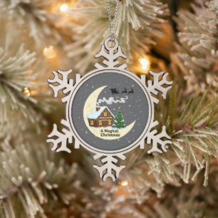 A Magical Christmas   Whimsical Santa Sleigh  Snowflake Pewter Christmas Ornament